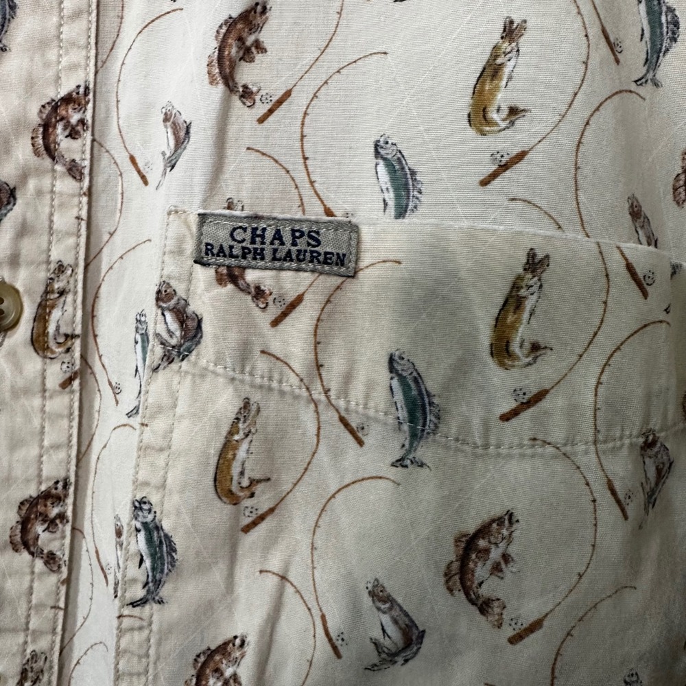 Chaps Ralph Lauren Mens M Vintage Fishing Print Cotton Button Down Shirt Cream - Picture 5 of 8